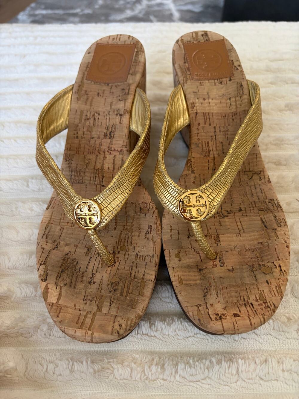 Tory Burch Cameron Natural Cork Gold Logo Wedge Sandals size 9